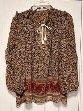 The Impeccable Pig Brown Floral Boho Peasant Blouse with Tassel Detail